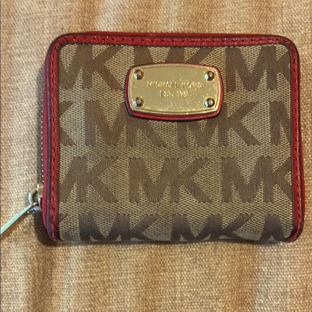 Michael Kors Brown Canvas MK Logo Wallet with Red Leather Trim
